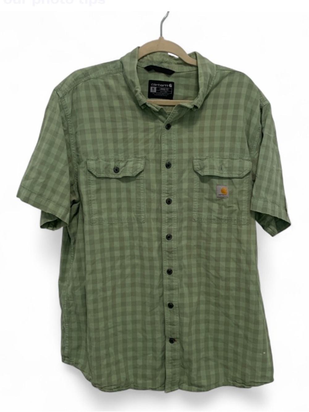 Carhartt Loose Fit Short Sleeve Green Checkered Short Sleeve Button-Front Shirt